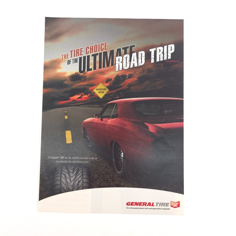 General Tire Red Muscle Car Sunset Road Trip Performance Print Ad 2008 Poster